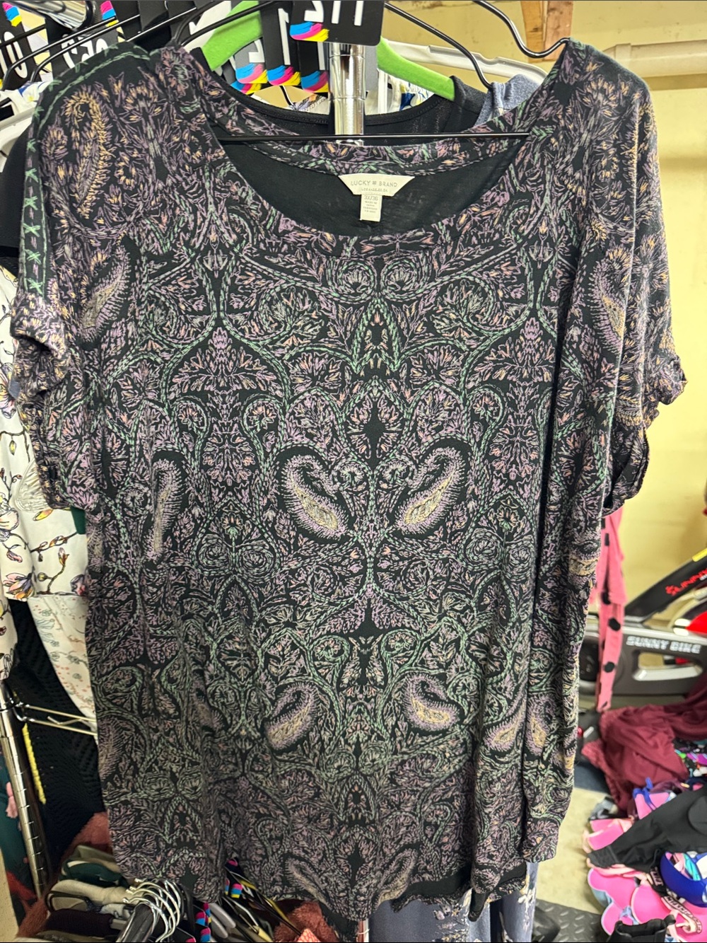 Lucky Brand Black Tunic with Purple & Green Paisley